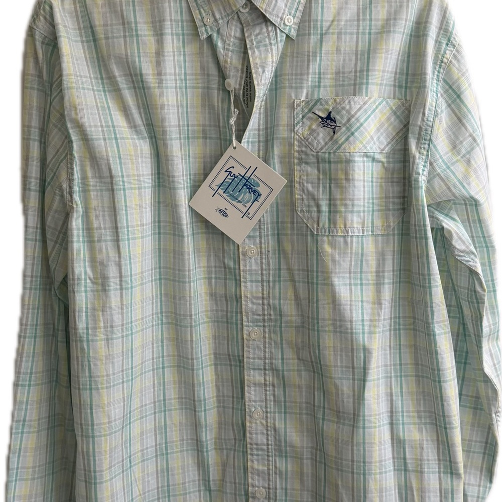 Guy Harvey Mint Green, Light Gray & Pale Yellow Plaid Button-Down Shirt